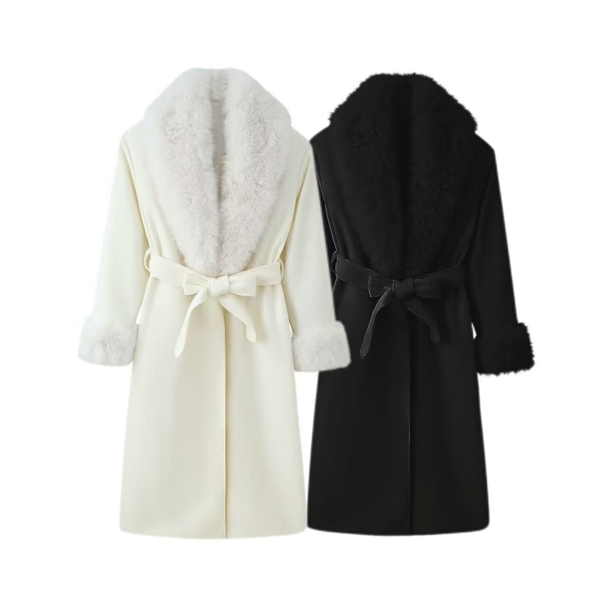 Manteau long chaud uni - col fourrure