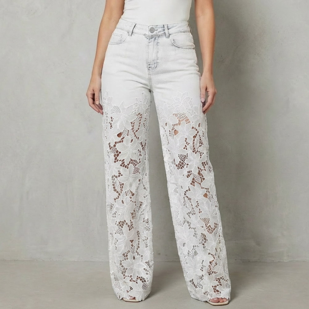 Pantalon Jean Broderie Florale