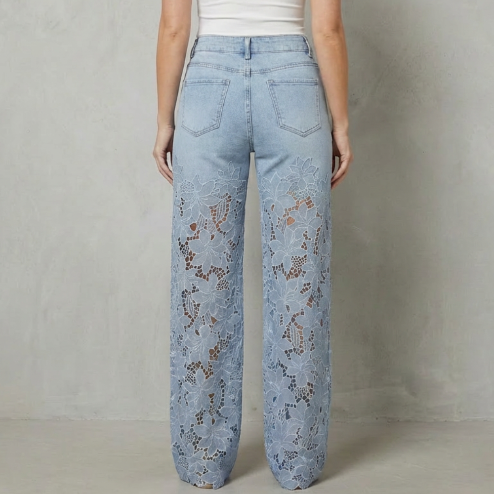 Pantalon Jean Broderie Florale