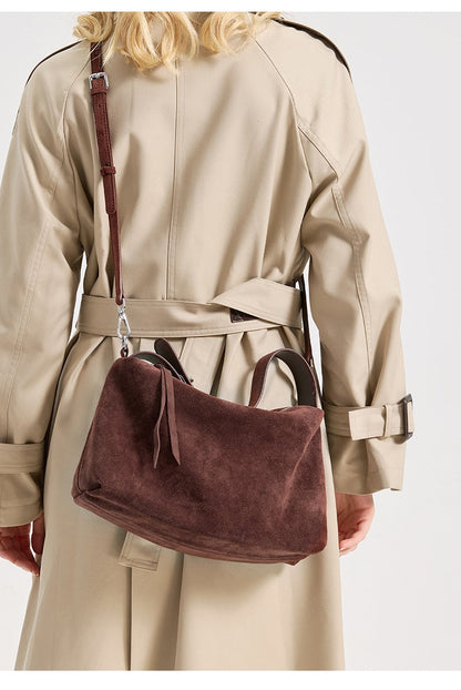 Sac cabas bandoulière en cuir suédé véritable